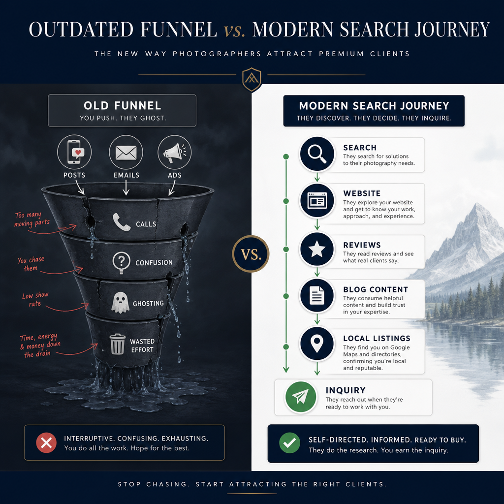 Outdated funnel vs. modern search journey — the new way photographers attract premium clients